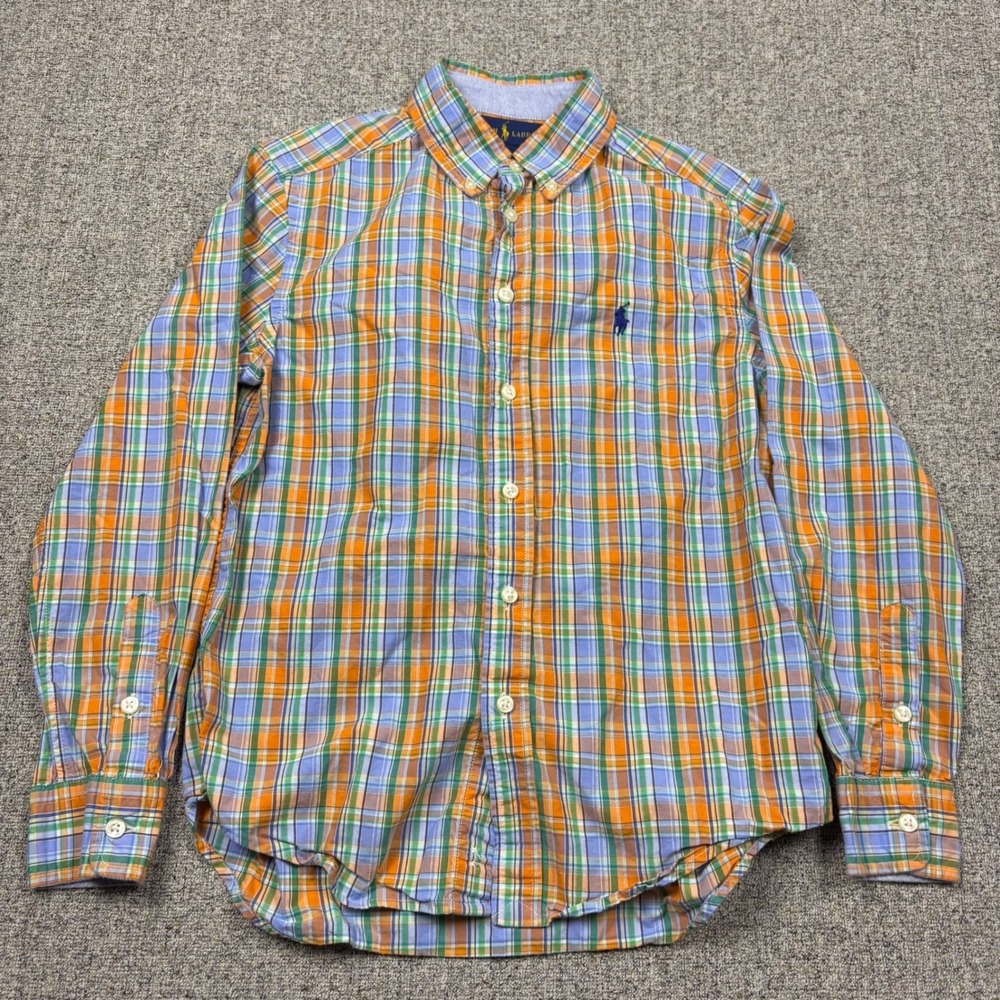 Polo Ralph Lauren Kids Orange Green Plaid Button Down Shirt Size M 10-12 Cotton